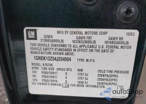 2004 Chevrolet Tahoe Lt from USA, damaged, VIN 1GNEK13Z04J204909